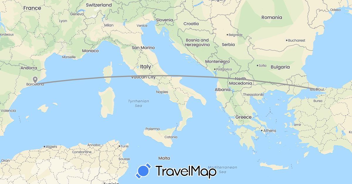 TravelMap itinerary: driving, plane in Spain, Turkey (Asia, Europe)
